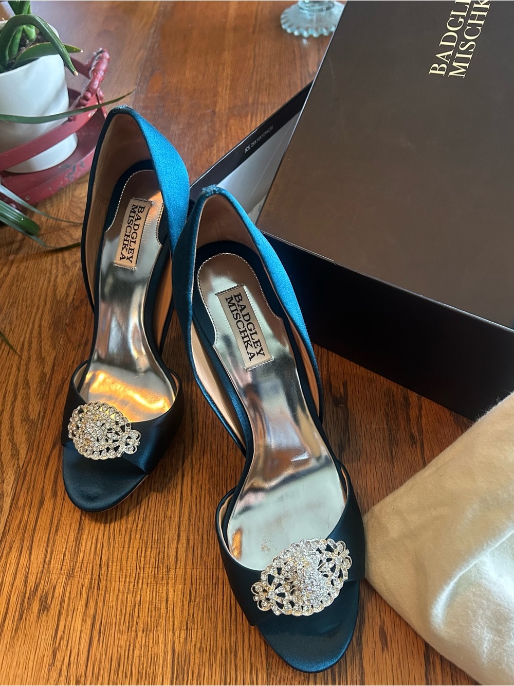 Badgley Mischka Teal Satin Open-Toe Heels with Crystal Brooch